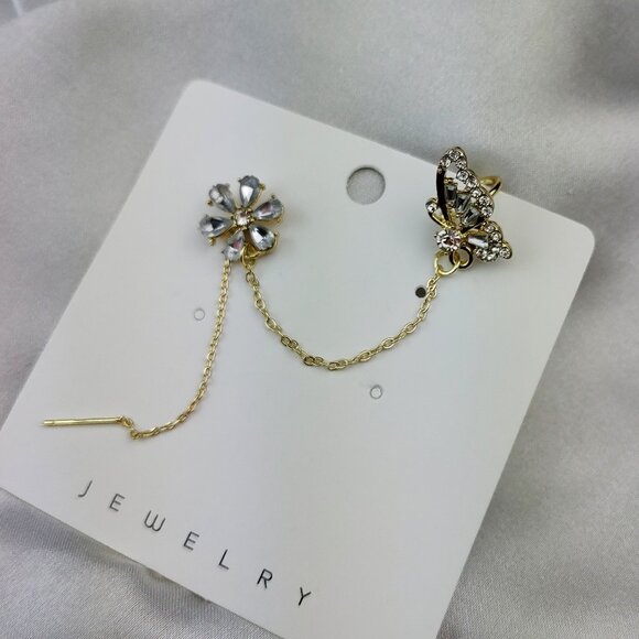 Crystal Butterfly Cuff Clip Dangle Earrings - Picture 2 of 3